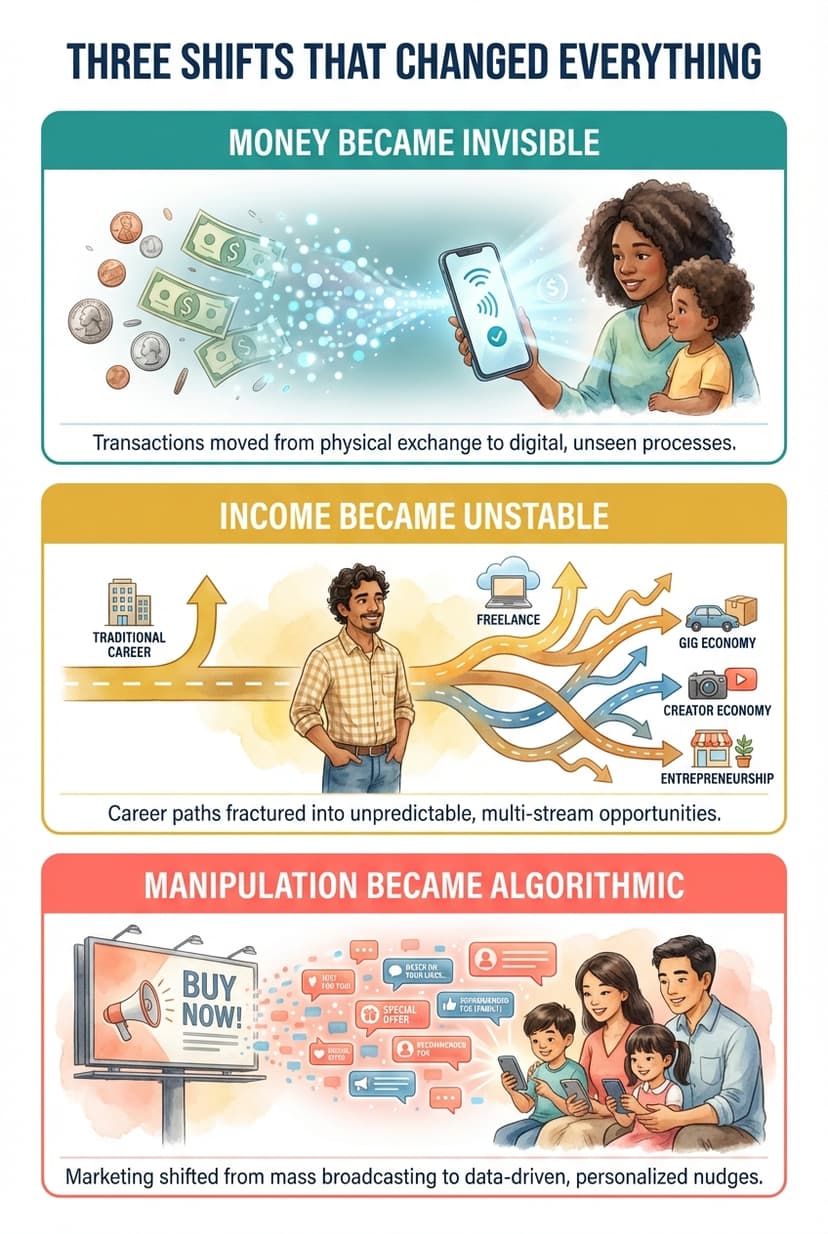 The Three Shifts — how money changed
